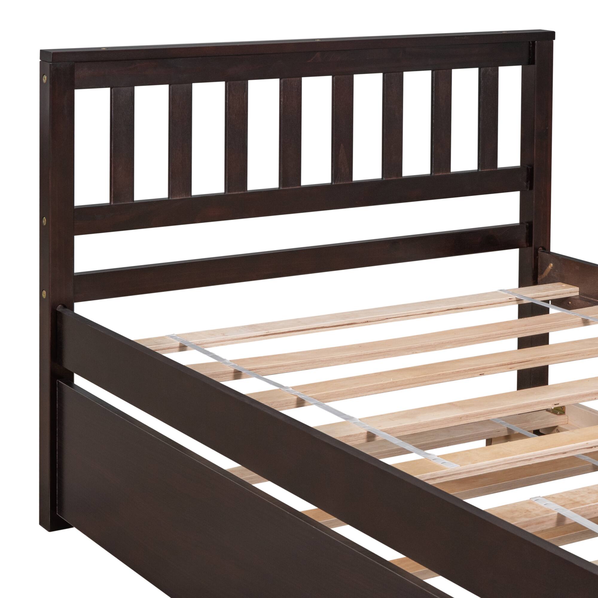 Back. GOODSILO - Space-Saving Twin Platform Bed Frame with Pull-Out Trundle and Headboard for Compact Living Areas - Espresso.