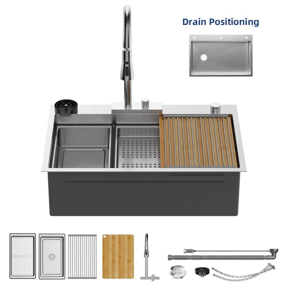 Winado - 33"L x 22"W x 10"H Heavy-duty Waterfall Kitchen Sink with Left Drain & Faucet & Cup Washer & Cutting Board & Drying Rack - Silver