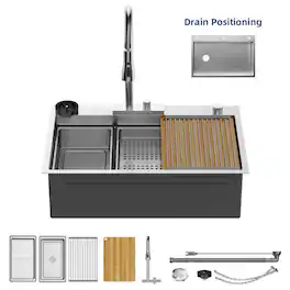 Winado - 33"L x 22"W x 10"H Heavy-duty Waterfall Kitchen Sink with Left Drain & Faucet & Cup Washer & Cutting Board & Drying Rack - Silver