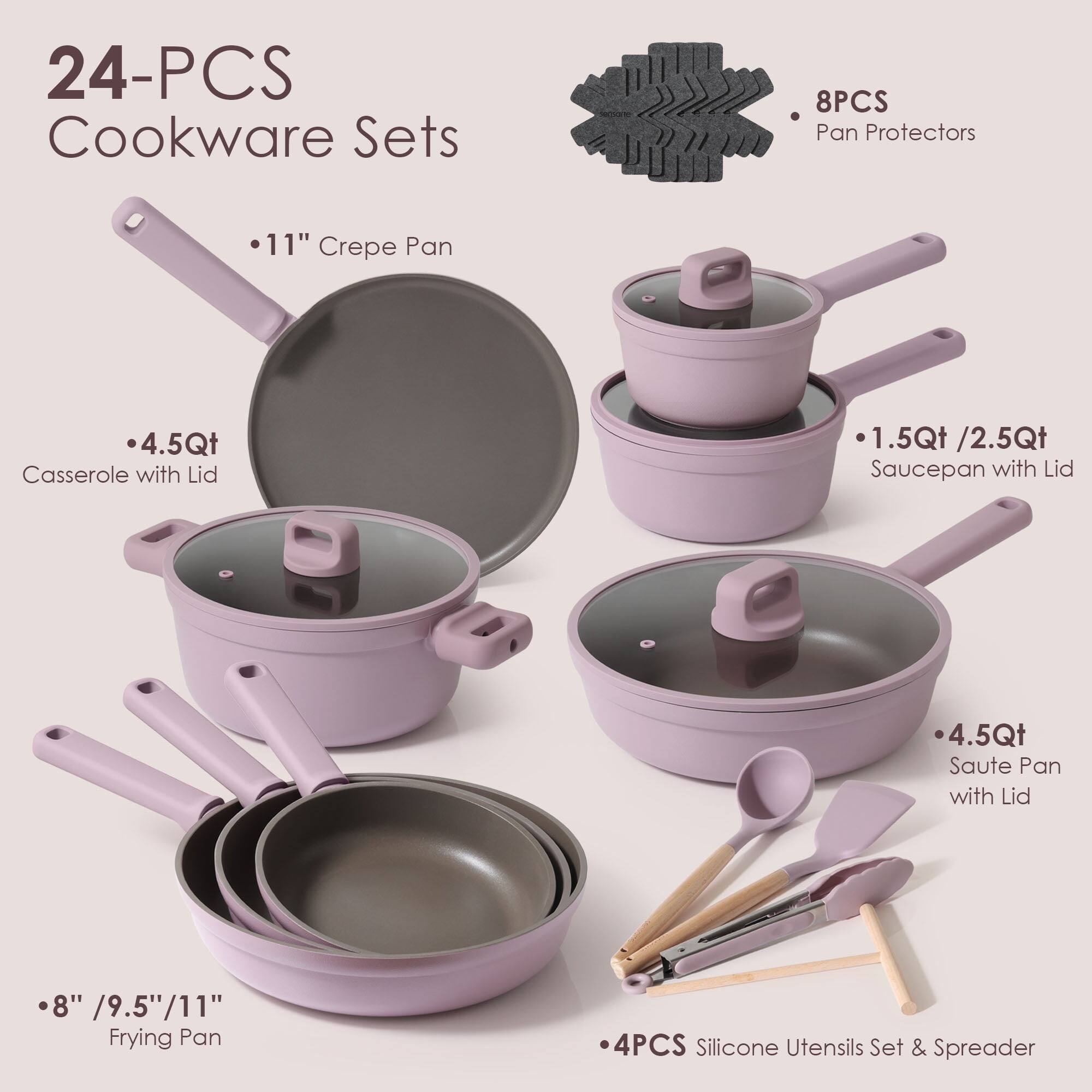 24-PCS Cookware Sets

- 8PCS Pan Protectors
- 11" Crepe Pan
- 4.5Qt Casserole with Lid
- 1.5Qt / 2.5Qt Saucepan with Lid
- 4.5Qt Saute Pan with Lid
- 8" / 9.5" / 11" Frying Pan
- 4PCS Silicone Utensils Set & Spreader