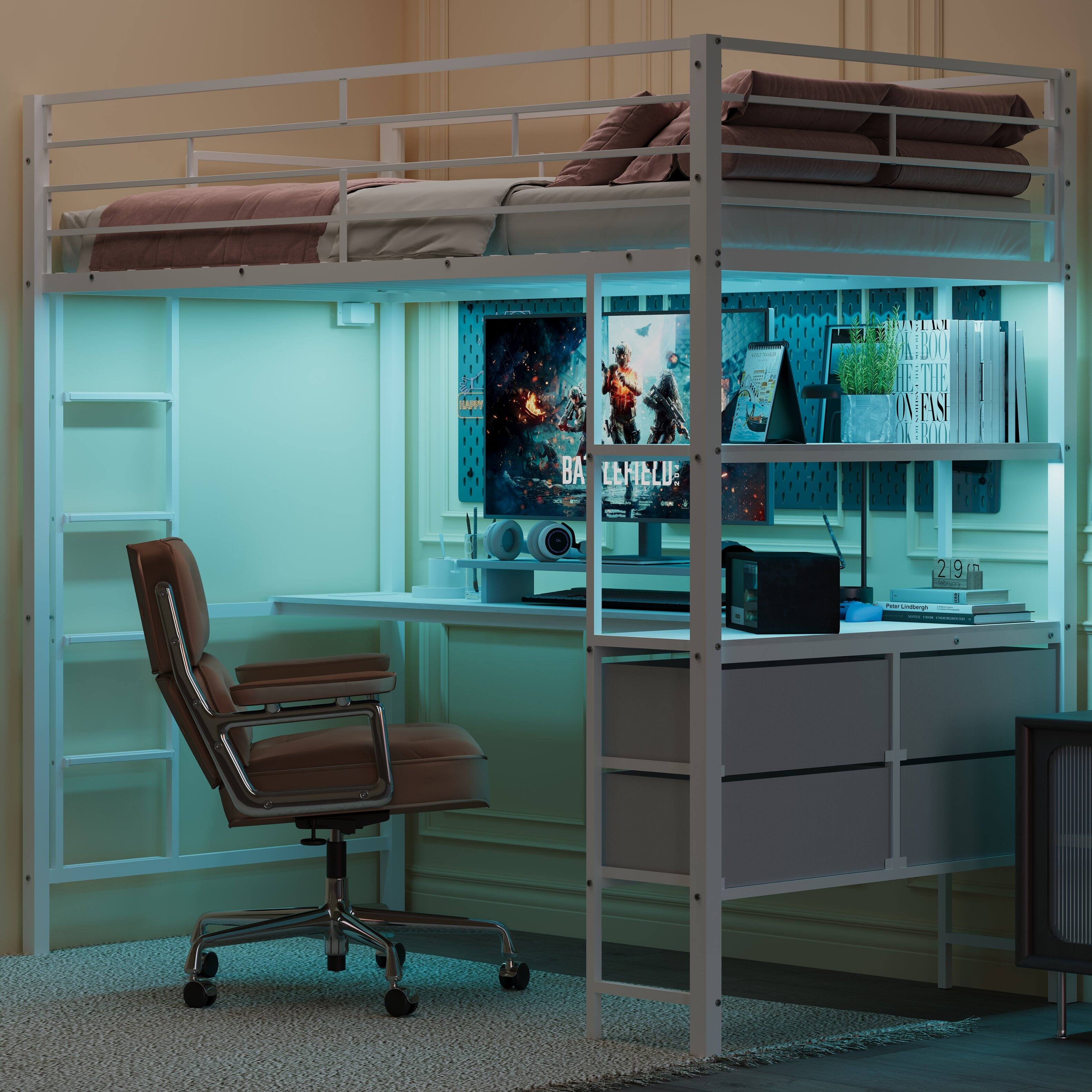 Alt View 6. Winado - Twin Loft Bed with L-Shaped Desk, Charging Station 4 Storage Drawers & 2 Shelves Smart RGB LED Lights 400 lbs Capacity - White.