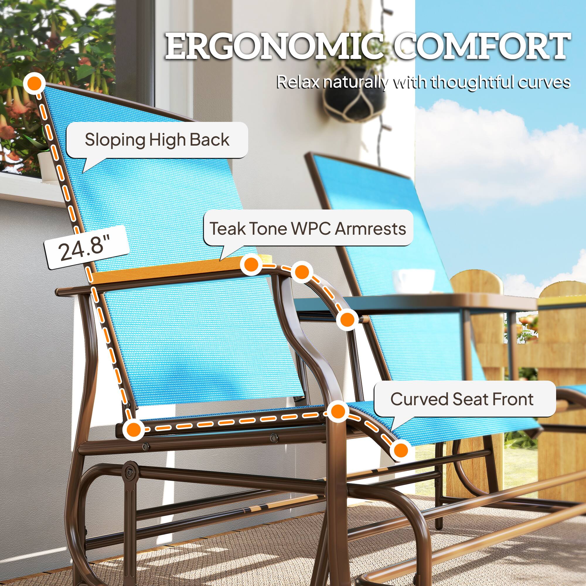 ERGONOMIC COMFORT  
Relax naturally with thoughtful curves

- Sloping High Back
- Teak Tone WPC Armrests
- Curved Seat Front

24.8"