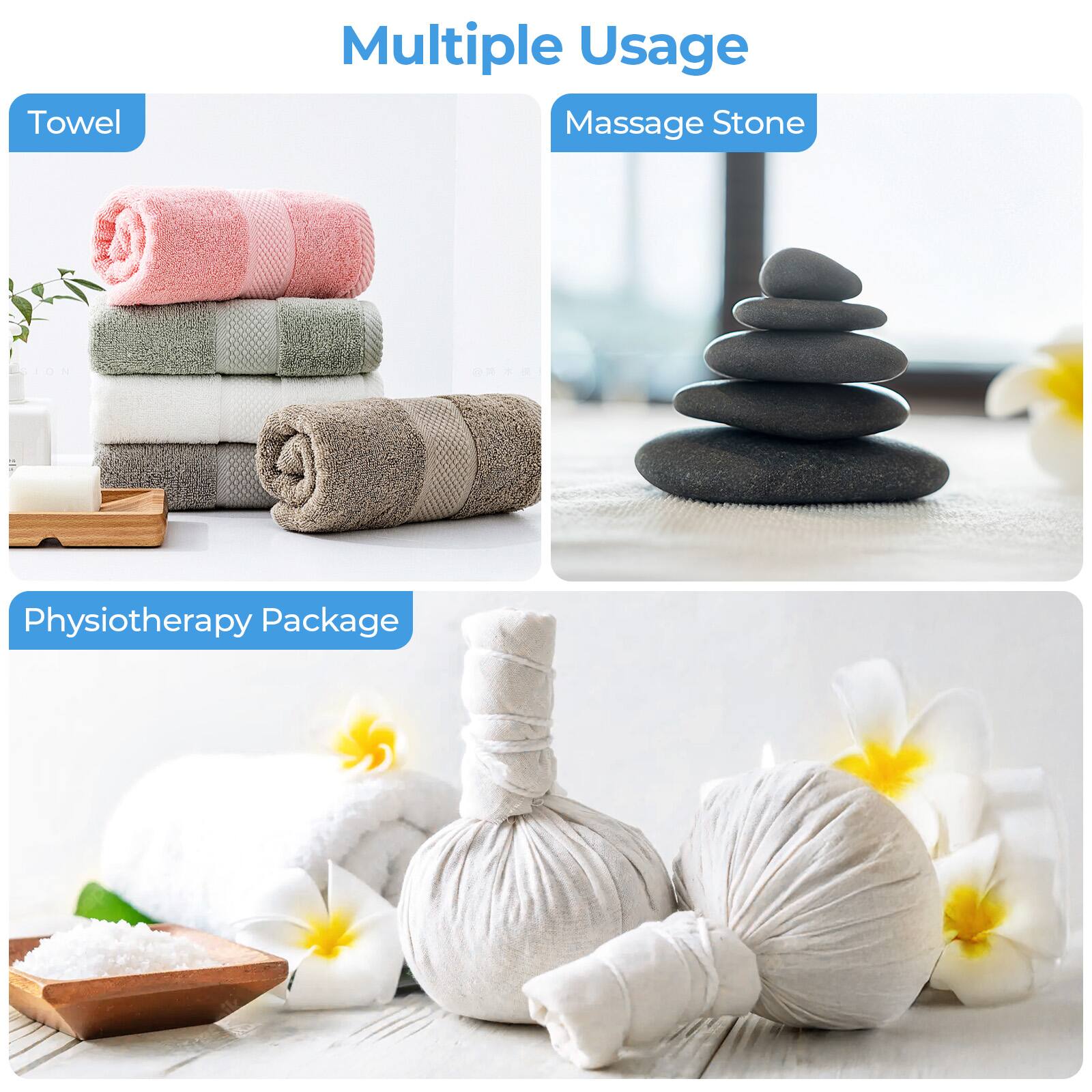 Multiple Usage

- Towel
- Massage Stone
- Physiotherapy Package