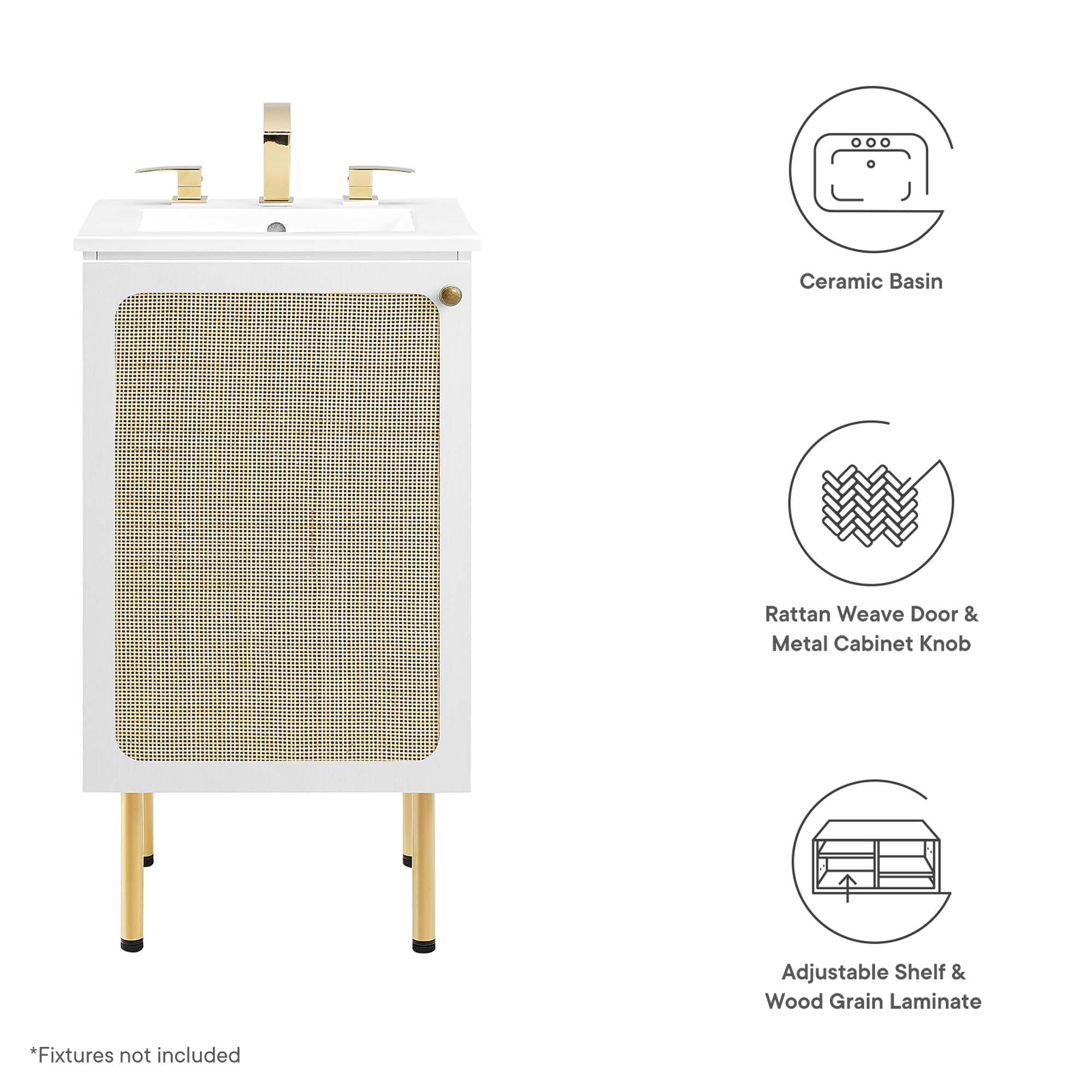Ceramic Basin  
Rattan Weave Door & Metal Cabinet Knob  
Adjustable Shelf & Wood Grain Laminate  

*Fixtures not included