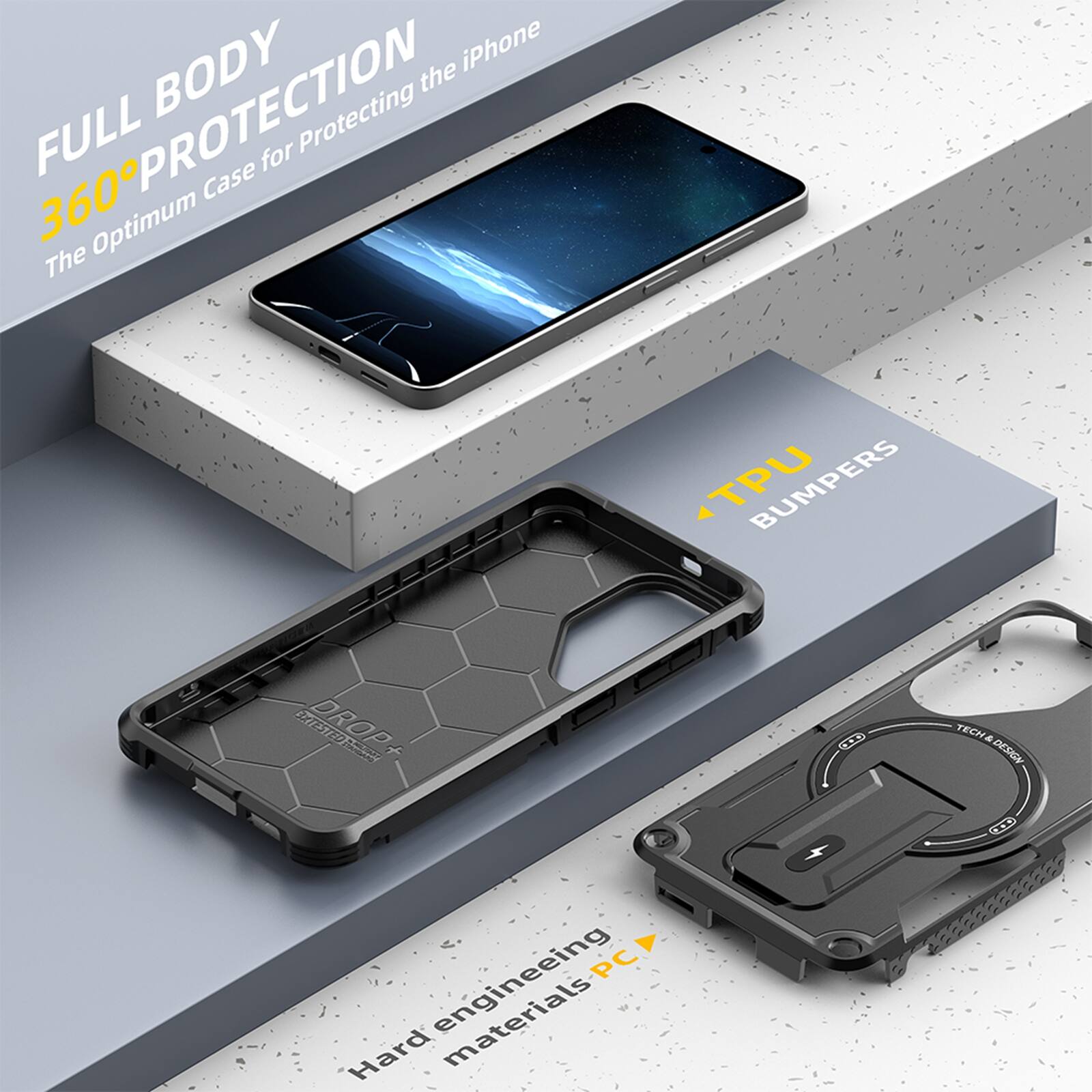 FULL BODY 360° PROTECTION  
The Optimum Case for Protecting the iPhone  

TPU BUMPERS  

Hard engineering materials PC