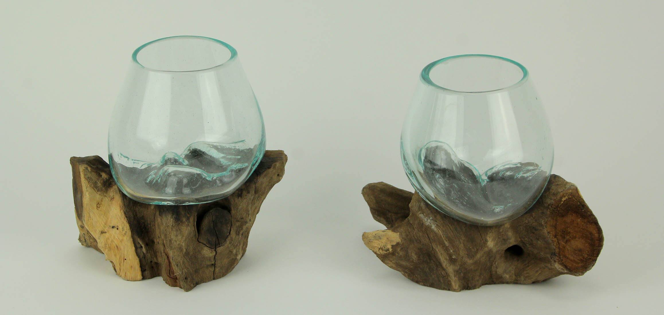 Alt View 2. Zeckos - Molten Glass On Teak Driftwood Decorative Bowl Vase Terrarium Planter Set of 2 - Brown.