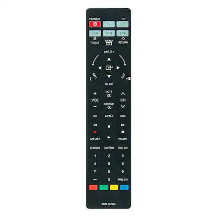POWER TV TV VCR DVD STB 5 TOOLS MENU RETURN CH LIST INFO WLINK EXIT + MUTE VOL - SOURCE CH CC INFO.L DMA H CH LIST W.LINK E.MODE CONTENT FAV. CH 1 2 3 4 5 6 7 8 9 - 0 PRE-CH N-00700A