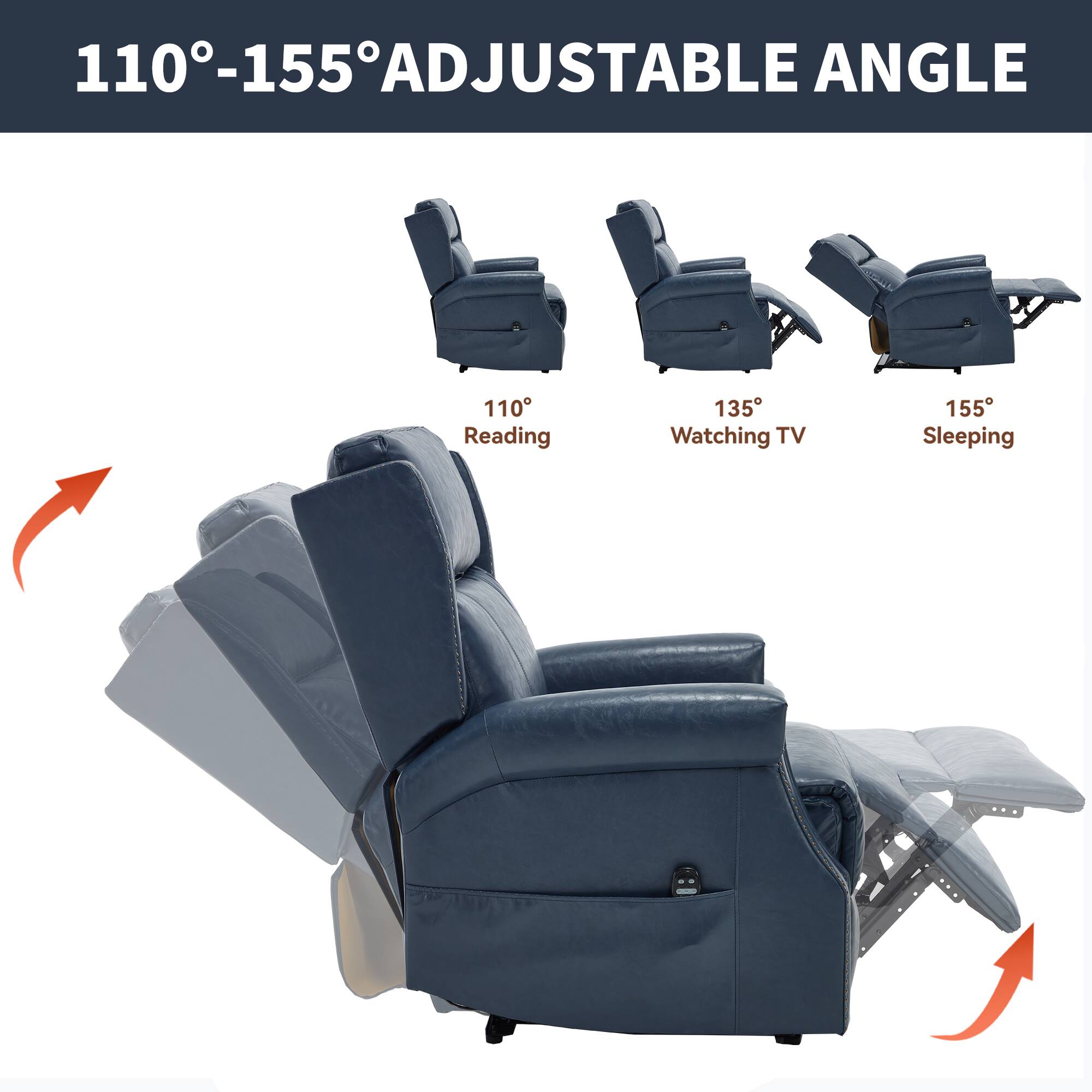 110°-155° ADJUSTABLE ANGLE

110° Reading  
135° Watching TV  
155° Sleeping