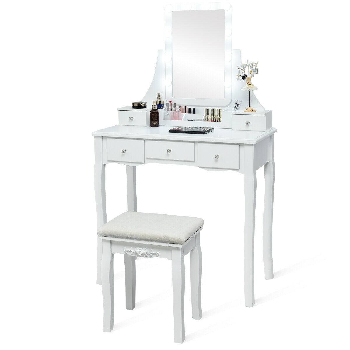 Front. Ecooso - Makeup Vanity Table with Customizable Light Intensity, Organizer and Upholstered Stool - White.