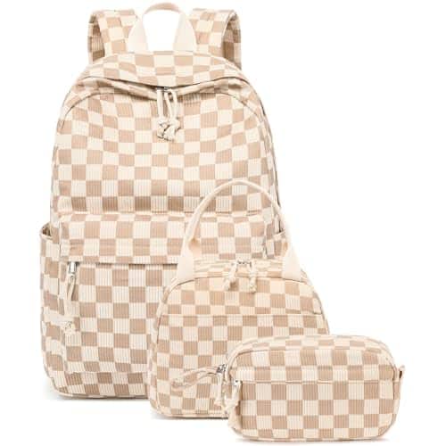 Stamp n Camp - Teens Backpack Set School Lunch Box Pencil Bags Student Bookbags 3 In 1 - Brown White Gird
