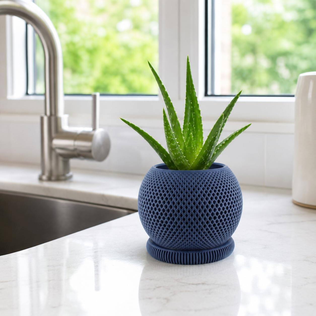 Angle. JuzToys - 3D Printed Dusk Planter with Drip Tray, Small Indoor Plant Pot w/Saucer, Modern Geometric Desk Shelf Décor by PowerTRC - Blue.
