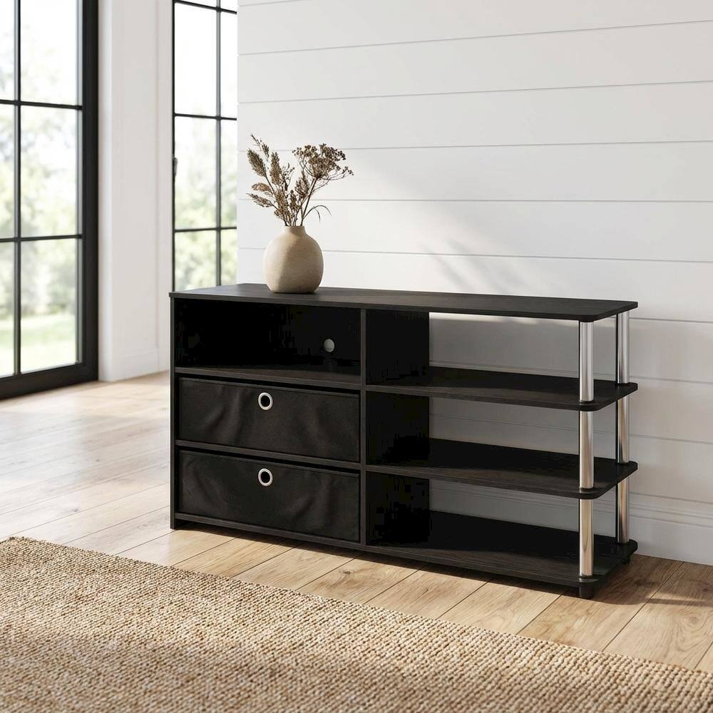 Alt View 1. FurniFact - Wood TV stand for up to 55-inch with storage bins, stainless steel accents - Black.