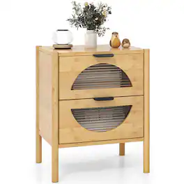 Costway - 1 PCS Bamboo Nightstand with 2 Storage Drawers & Reeded Tempered Glass Fronts Bedroom - Natural