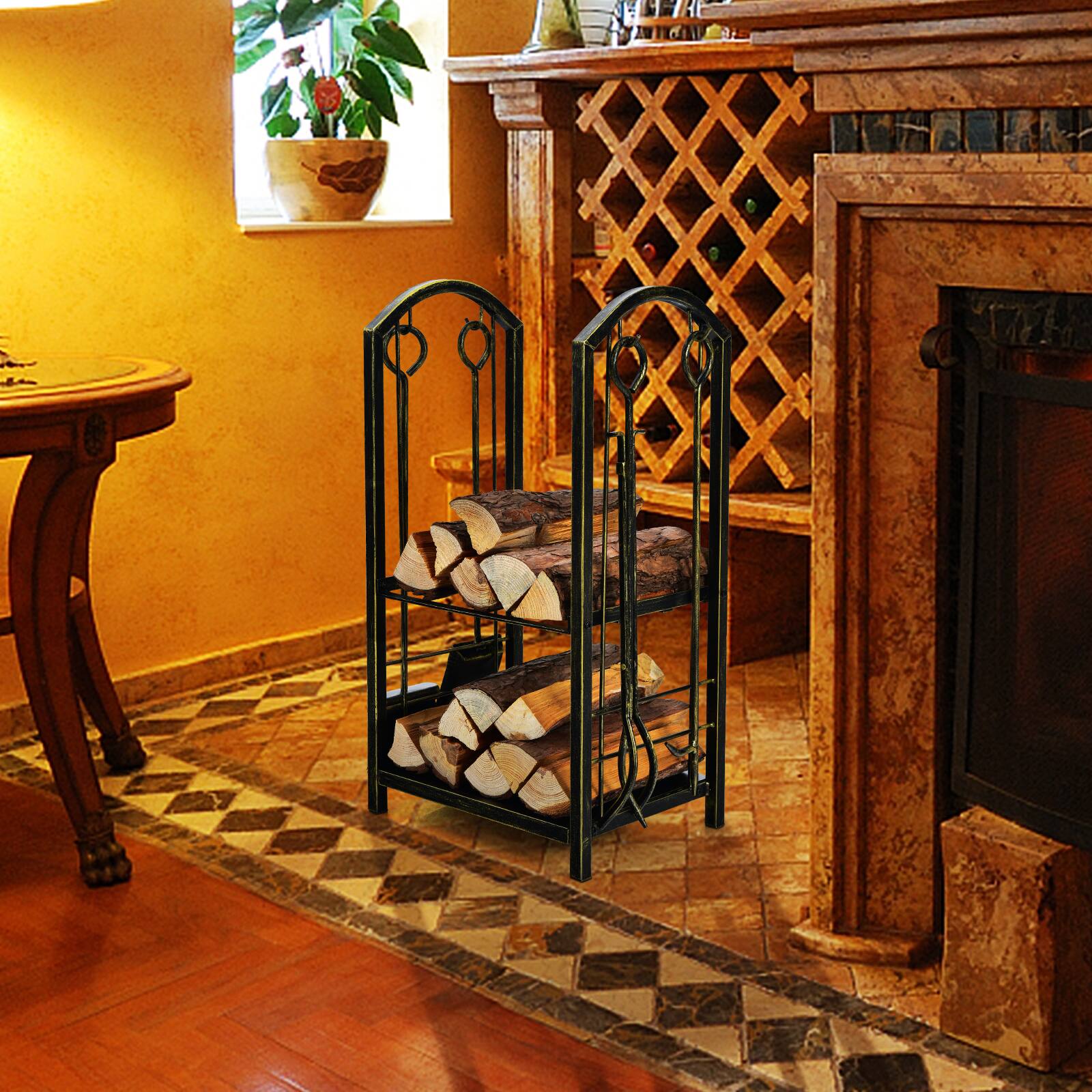 Alt View 5. SKONYON - Wrought Iron Firewood Log Rack with Fireplace Tool Set and Dual Storage Shelves - Black.