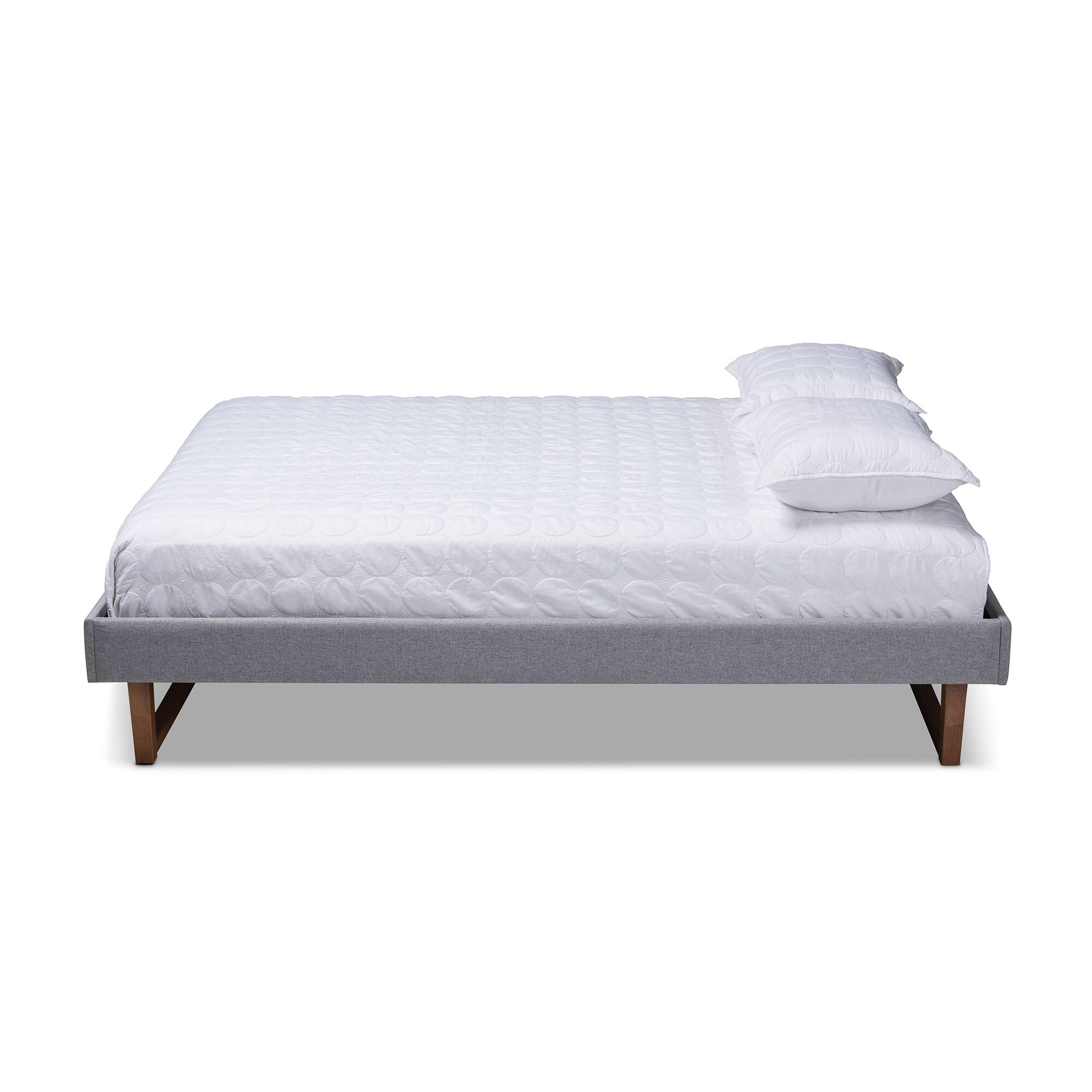 Angle. Baxton Studio - Liliya Mid-Century Modern Fabric Upholstered Walnut Brown Finished Wood Platform Bed Frame - Gray/Walnut.