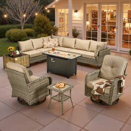 Ovios - 11 PCS Patio Furniture Set Sectional Sofa with Swivel Chair, Coffee Table & 42" Fire Pit Table - Beige