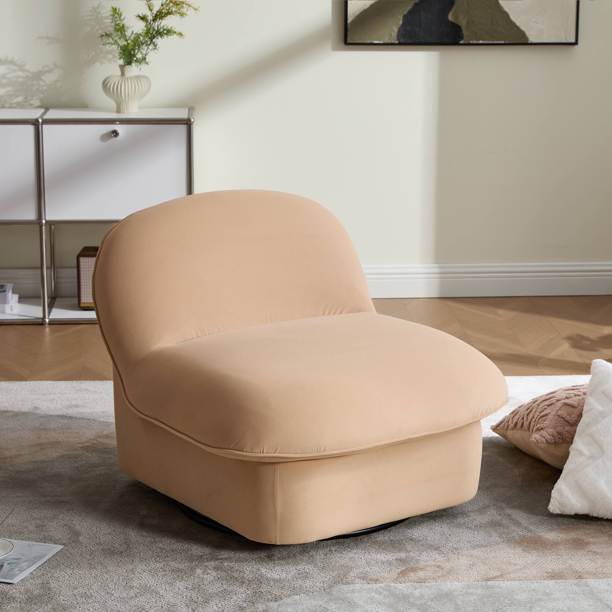 Front. GOODSILO - Pumpkin-Shaped Velvet Swivel Accent Chair with 360-Degree Rotation for Living Room, Bedroom, or Office - Khaki.