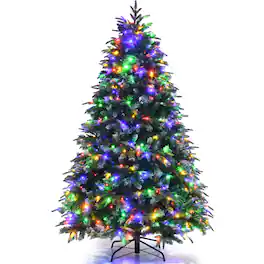 Costway - 6ft Pre-Lit Snowy Christmas Hinged Tree 11 Flash Modes w/ 350 Multi-Color Lights - Green/White