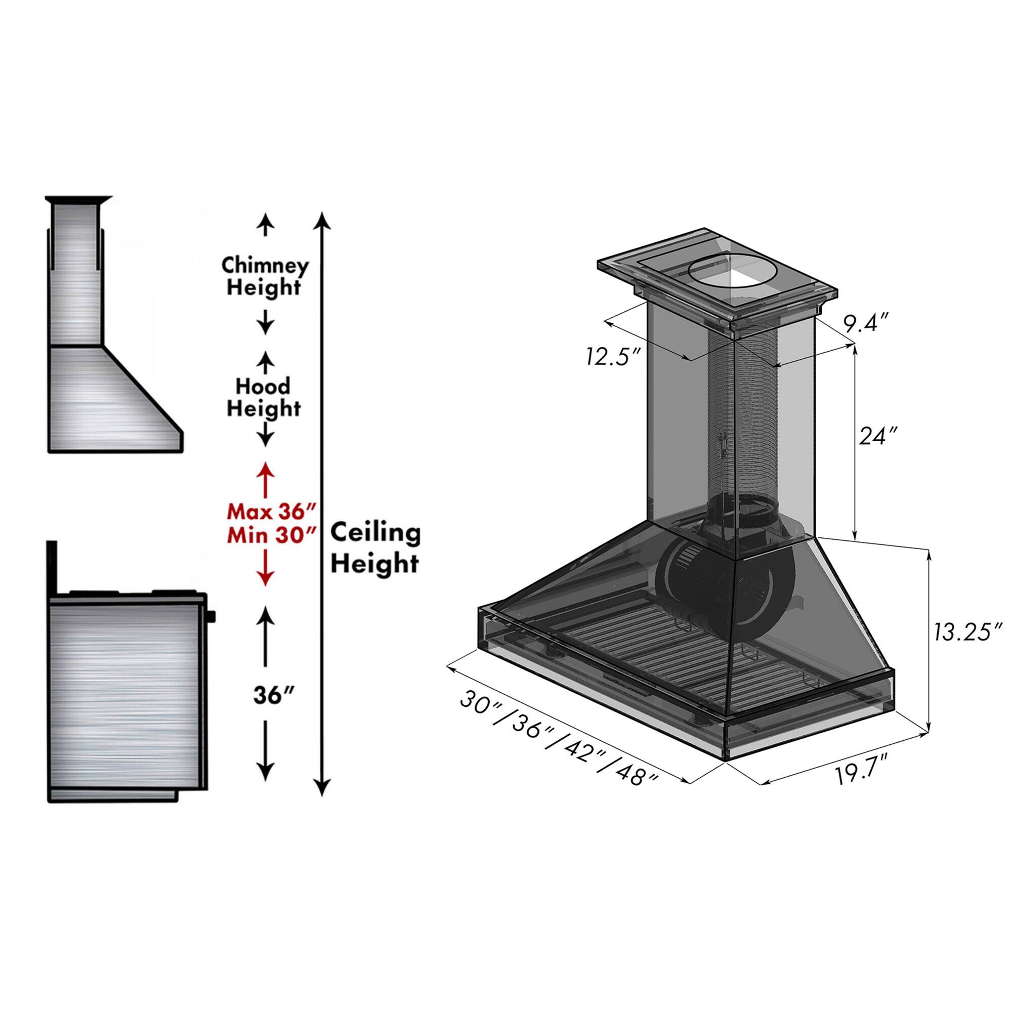 Chimney Height: 12.5"  
Hood Height: 9.4"  
Max: 36"  
Min: 30"  
Ceiling Height: 13.25" / 36" / 30" / 36" / 42" / 48"  
Width: 19.7"
