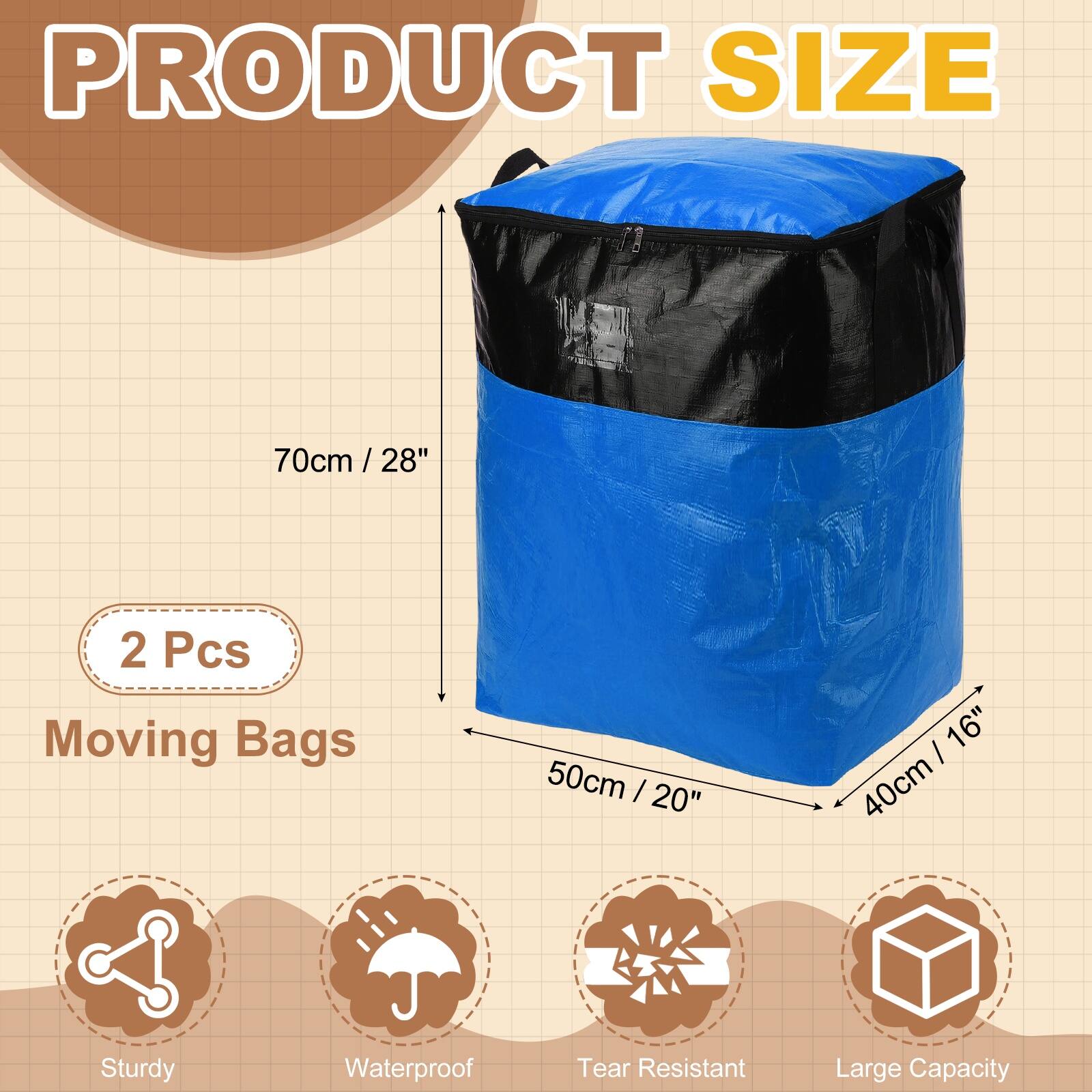 PRODUCT SIZE

70cm / 28"  
2 Pcs Moving Bags  
50cm / 20" x 40cm / 16"  

Sturdy  
Waterproof  
Tear Resistant  
Large Capacity