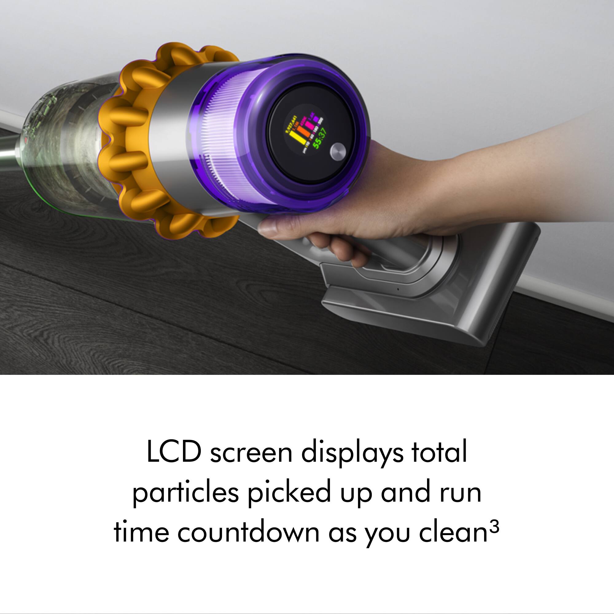 LCD screen displays total particles picked up and run time countdown as you clean