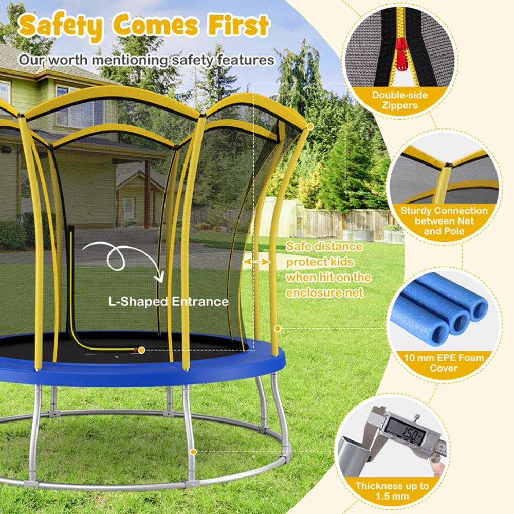 Safety Comes First  
Our worth mentioning safety features:  
- Double-side Zippers  
- L-Shaped Entrance  
- Safe distance protect kids when hit on the enclosure net  
- Sturdy Connection between Net and Pole  
- 10 mm EPE Foam Cover  
- Thickness up to 1.5 mm