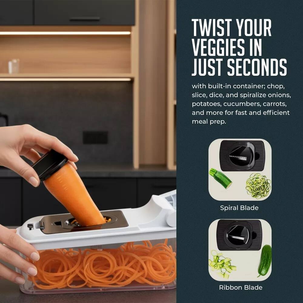 TWIST YOUR VEGGIES IN JUST SECONDS with built-in container; chop, slice, dice, and spiralize onions, potatoes, cucumbers, carrots, and more for fast and efficient meal prep.

Spiral Blade  
Ribbon Blade