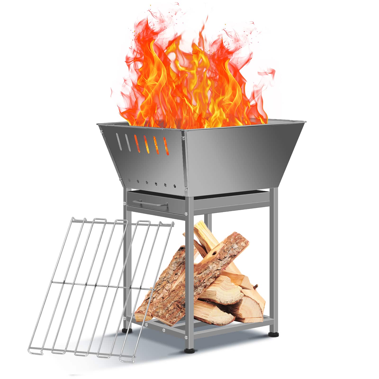 Oumilen - Square Steel Outdoor Fire Pit with Grill & Firewood Storage
