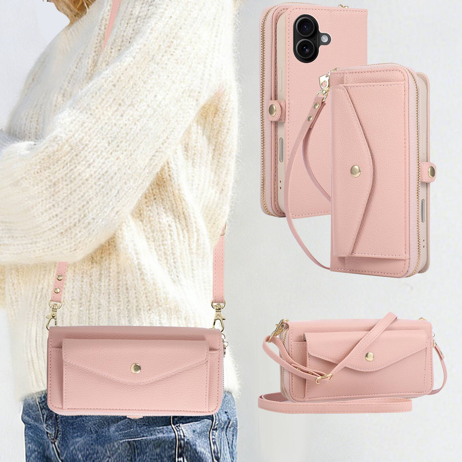Alt View 5. Dteck - Leather Wallet Phone Case for Apple iPhone 16 with Crossbody Strap, Shockproof Zipper Pocket Mirror Stand Cover - Pink.