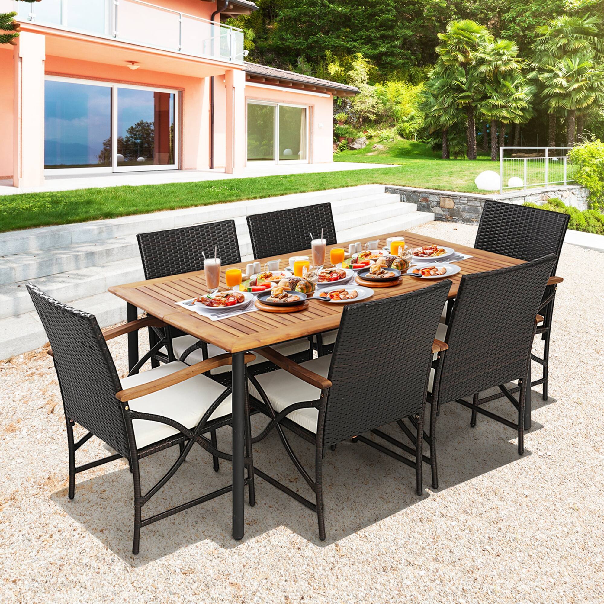 Alt View 4. Costway - Costway 5PCS Patio Wicker Dining Set Cushion Armchairs Acacia Wood Table with Umbrella Hole - Natural/Black/Mix Brown.