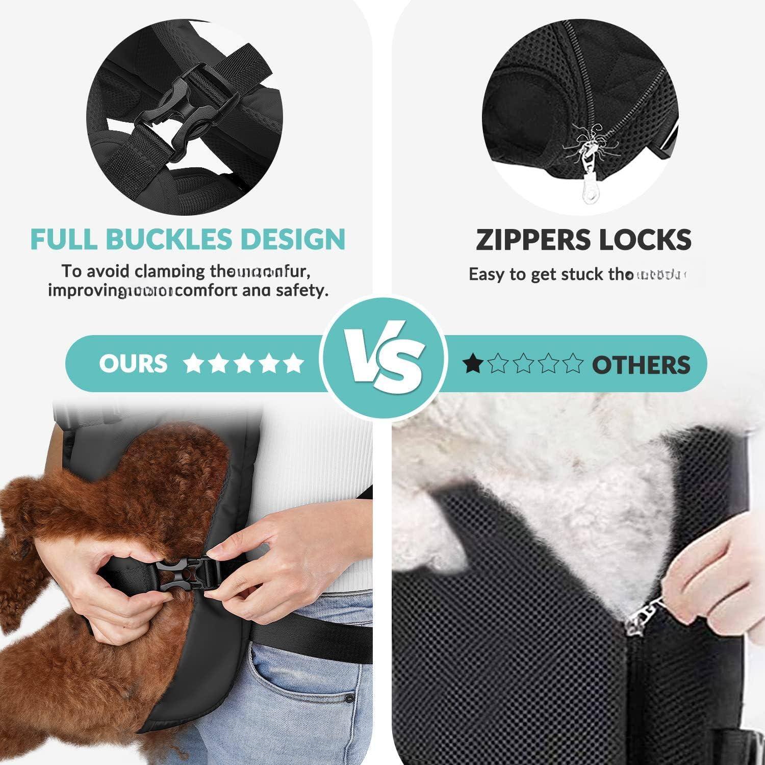 **FULL BUCKLES DESIGN**
- To avoid clamping the animal fur, improving comfort and safety.
- OURS ★★★★★

**ZIPPER LOCKS**
- Easy to get stuck the animal fur.
- OTHERS ★★★☆☆