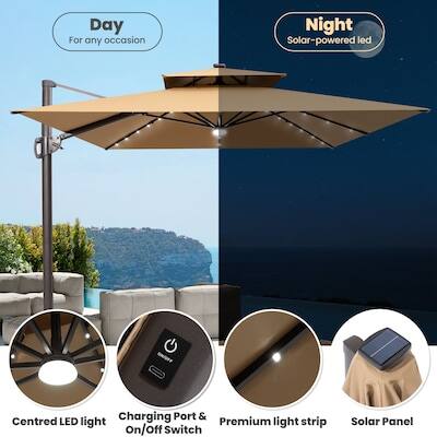 Day  
For any occasion  

Night  
Solar-powered LED  

Charging Port & On/off Switch  
Centred LED light  
Premium light strip  
Solar Panel