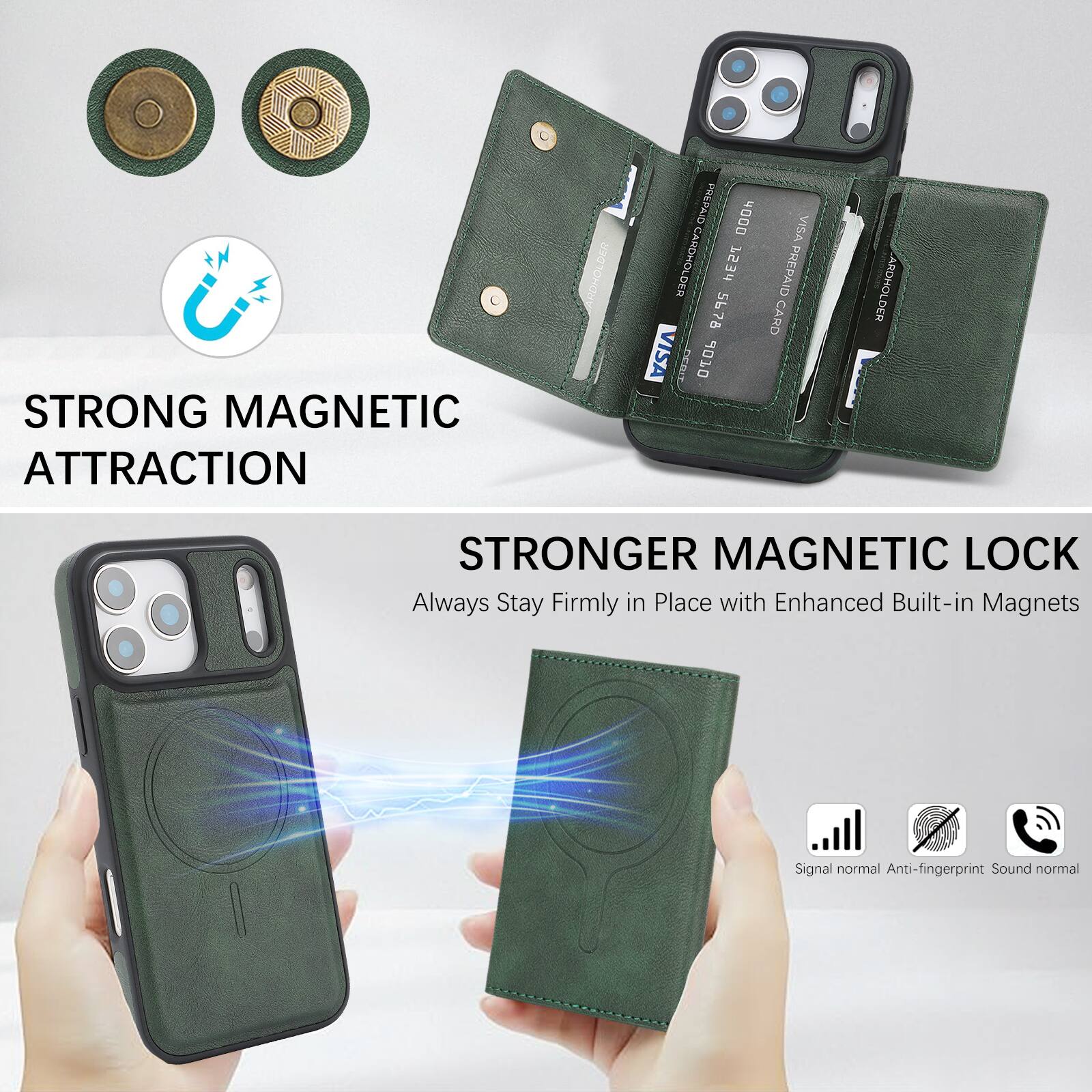 STRONG MAGNETIC ATTRACTION  
ADHOLDER PREPAID 4000 VISA  
CAROHOLDER 753 PREPAID 829 CARD VISA  
PRRUT 06 ARDHOLDER  
STRONGER MAGNETIC LOCK  
Always Stay Firmly in Place with Enhanced Built-in Magnets  
Signal normal  
Anti-fingerprint  
Sound normal
