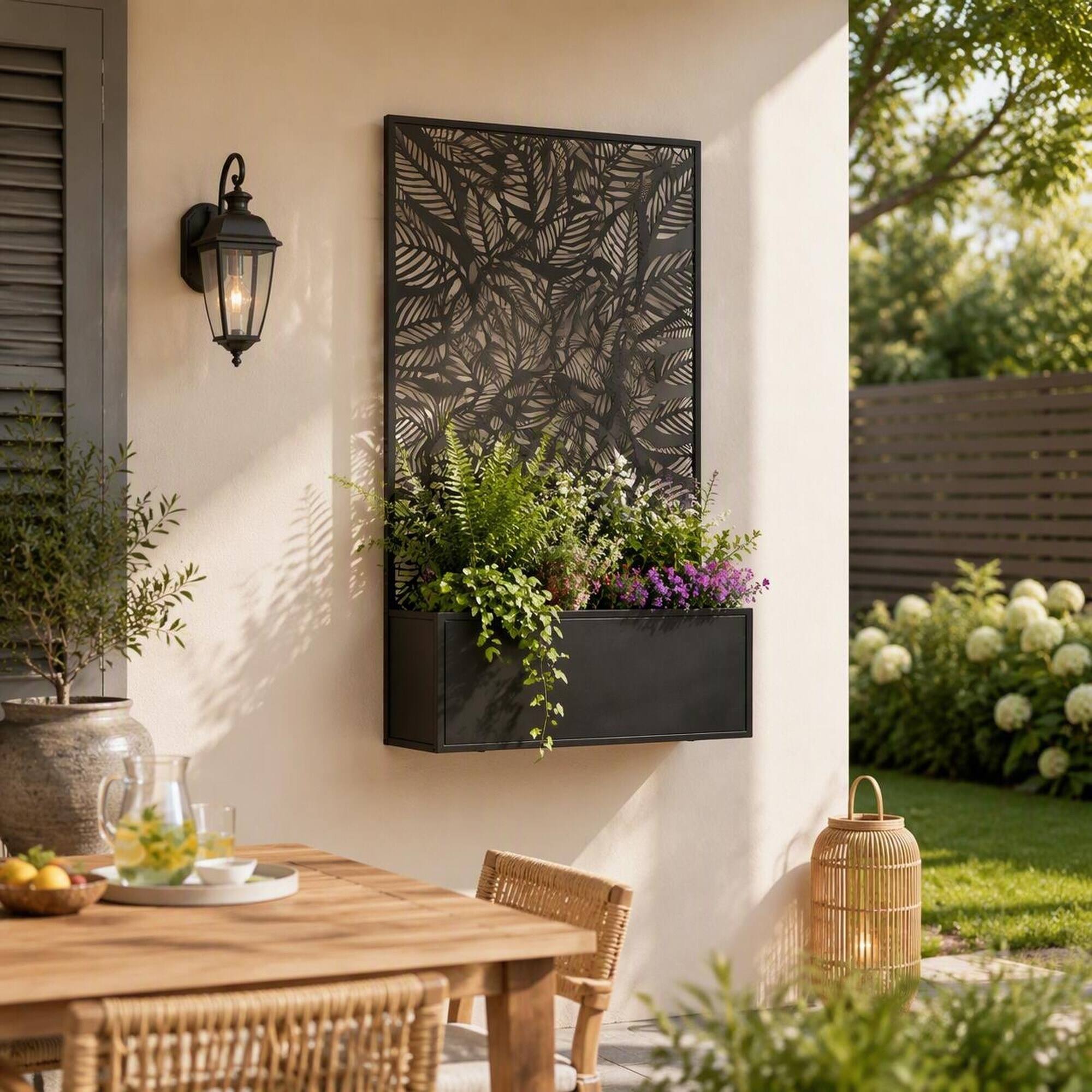 Left. RYHNUYNE - Wall Mounted Metal Raised Garden Bed with Decorative Privacy Panel Trellis, 24 Inch Black Planter Box for Climbing - Black.