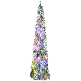 BreeBe - 7ft Tall Prelit Pencil Artificial Christmas Tree Holiday Décor with 534 Snow Flocked Branches - Green