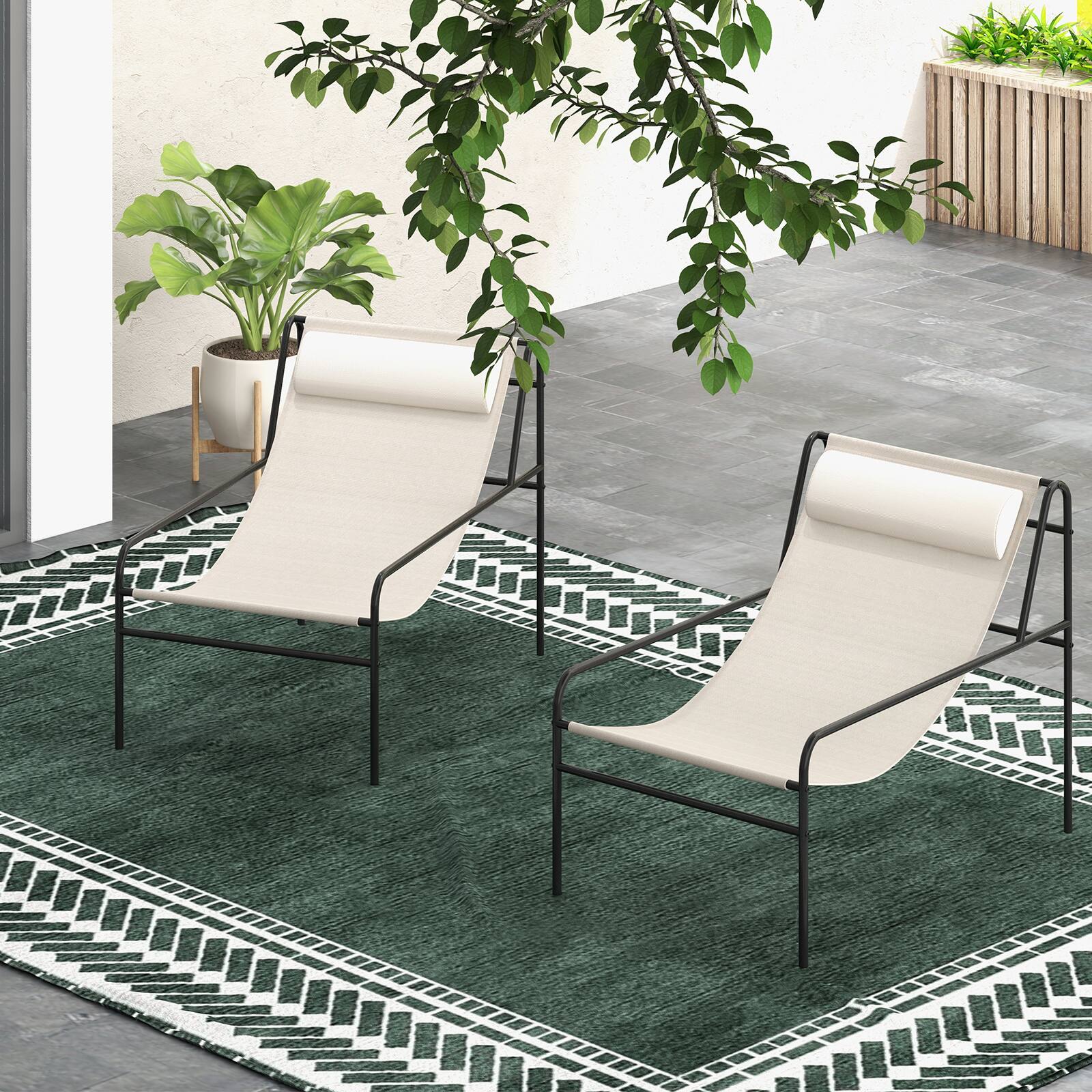 Alt View 1. Gymax - Gymax 2 Pieces Patio Sling Chair Modern Accent Chair w/ Removable Headrest & Sturdy Metal Frame - Beige.