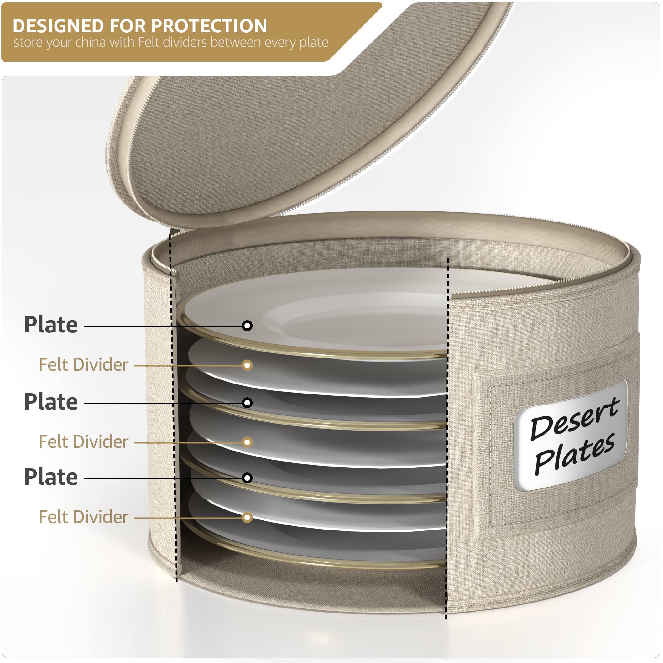 DESIGNED FOR PROTECTION  
store your china with Felt dividers between every plate  

Plate  
Felt Divider  
Plate  
Felt Divider  
Plate  
Felt Divider  

Desert Plates