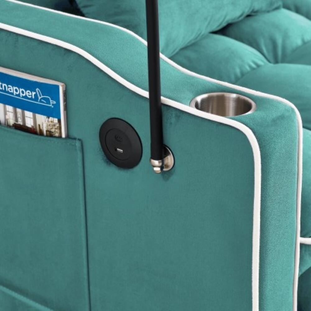 Alt View 10. Tiramisubest - Modern Velvet Versatile Foldable Sofa Bed in 3 Lengths,Adjustable Back w/ USB Port,Ashtray & Swivel Phone Stand (Green) - Antique blue green.