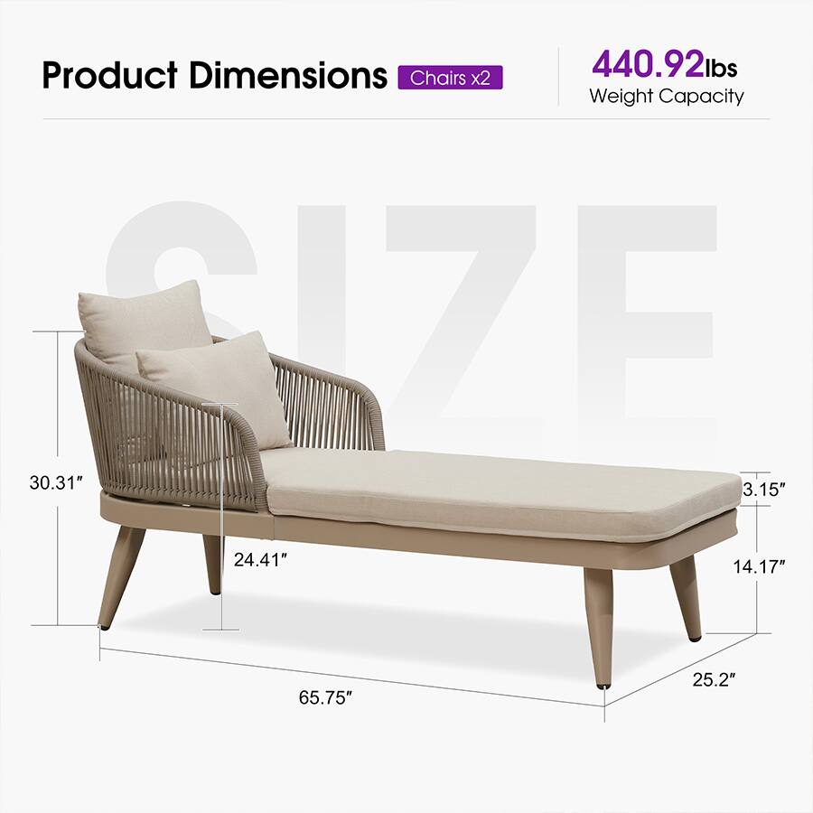 Product Dimensions: Chairs x2  
Weight Capacity: 440.92 lbs  
Dimensions: 30.31" x 3.15" x 24.41" x 14.17" x 65.75" x 25.2"