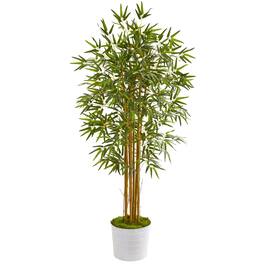 BreeBe - 5' Bamboo Artificial Tree in White Tin Planter - Green