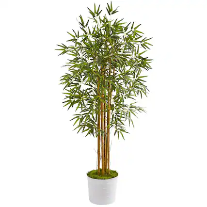 Front. BreeBe - 5' Bamboo Artificial Tree in White Tin Planter - Green.