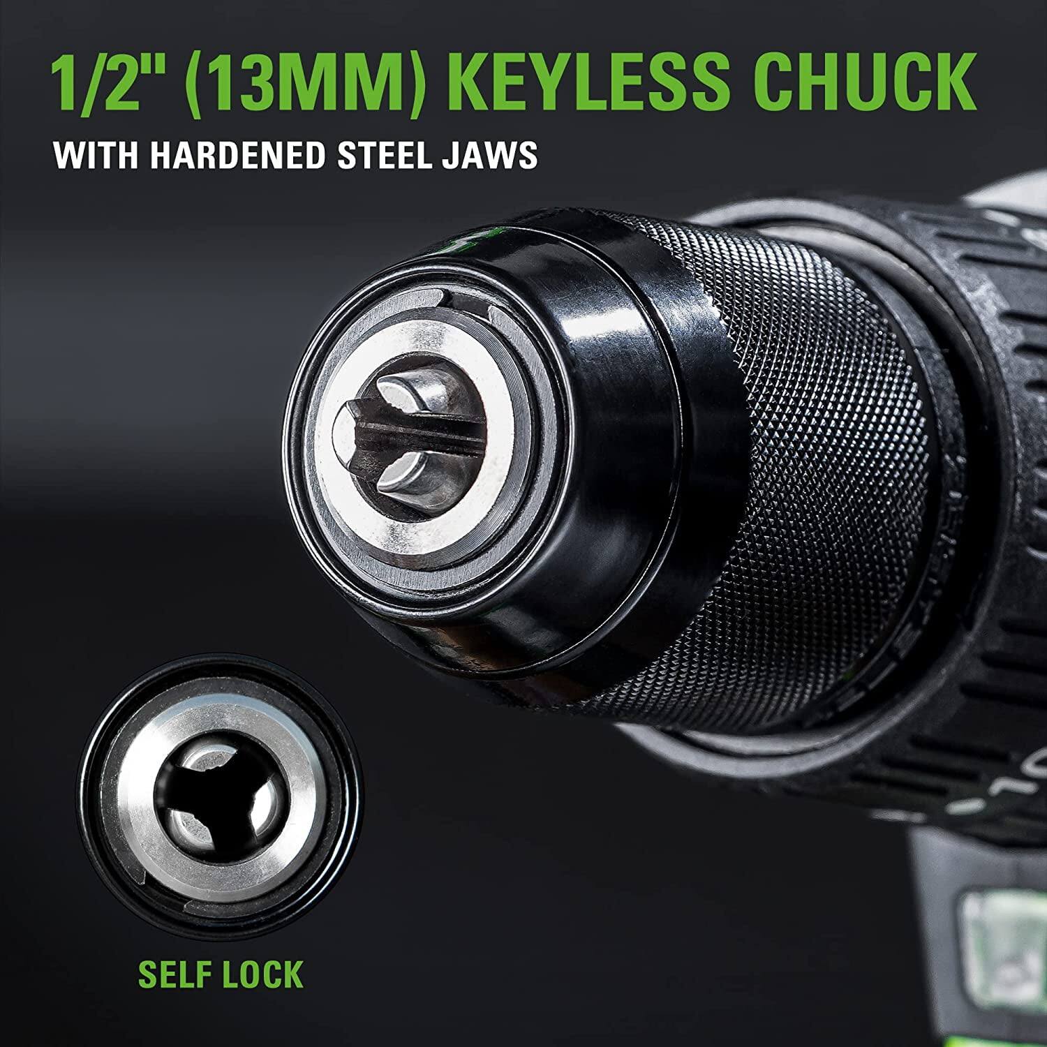 1/2" (13MM) KEYLESS CHUCK  
WITH HARDENED STEEL JAWS  

SELF LOCK