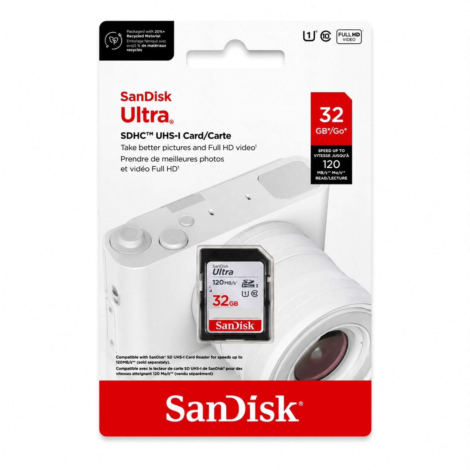 Packaged with 20%+ recycled material. Emballage fabriqué avec 20%+ de matériaux recyclés.  
SanDisk Ultra SDHC™ UHS-I Card/Carte  
Take better pictures and Full HD video. Prendre de meilleures photos et vidéo Full HD.  
32 GB/Go*  
SPEED UP TO VITESSE JUSQU'A 120 MB/s READ/LECTURE  
SanDisk Ultra 120 MB/s  
Compatible with SanDisk SD UHS-I Card Reader for speeds up to 120 MB/s (sold separately). Compatible avec le lecteur de carte SD UHS-I de SanDisk pour des vitesses allant jusqu'à 120 Mo/s (vendu séparément).