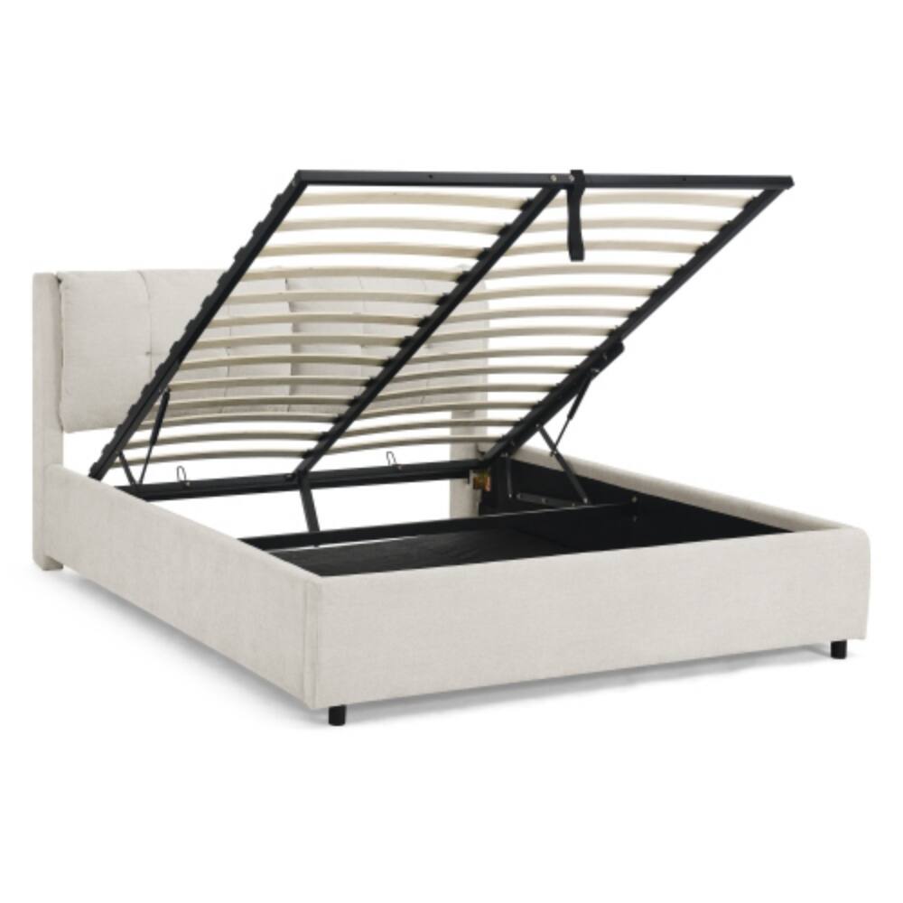 Back. LUCKY ONE - Queen Size Storage Upholstered Hydraulic Platform Bed with Integrated Headboard, Chenille Fabric, No Box Spring Needed - Beige.