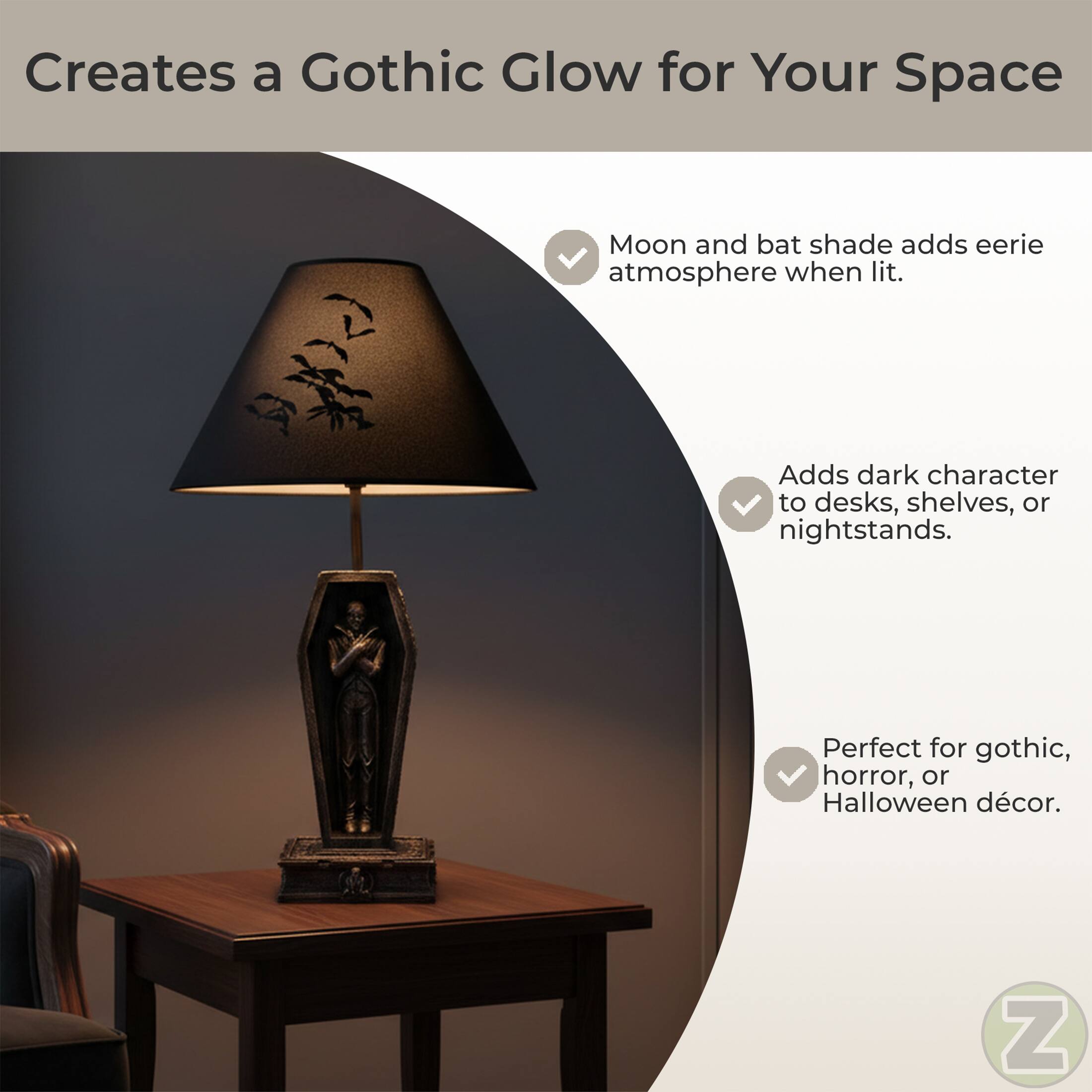 Creates a Gothic Glow for Your Space

- Moon and bat shade adds eerie atmosphere when lit.
- Adds dark character to desks, shelves, or nightstands.
- Perfect for gothic, horror, or Halloween décor.
