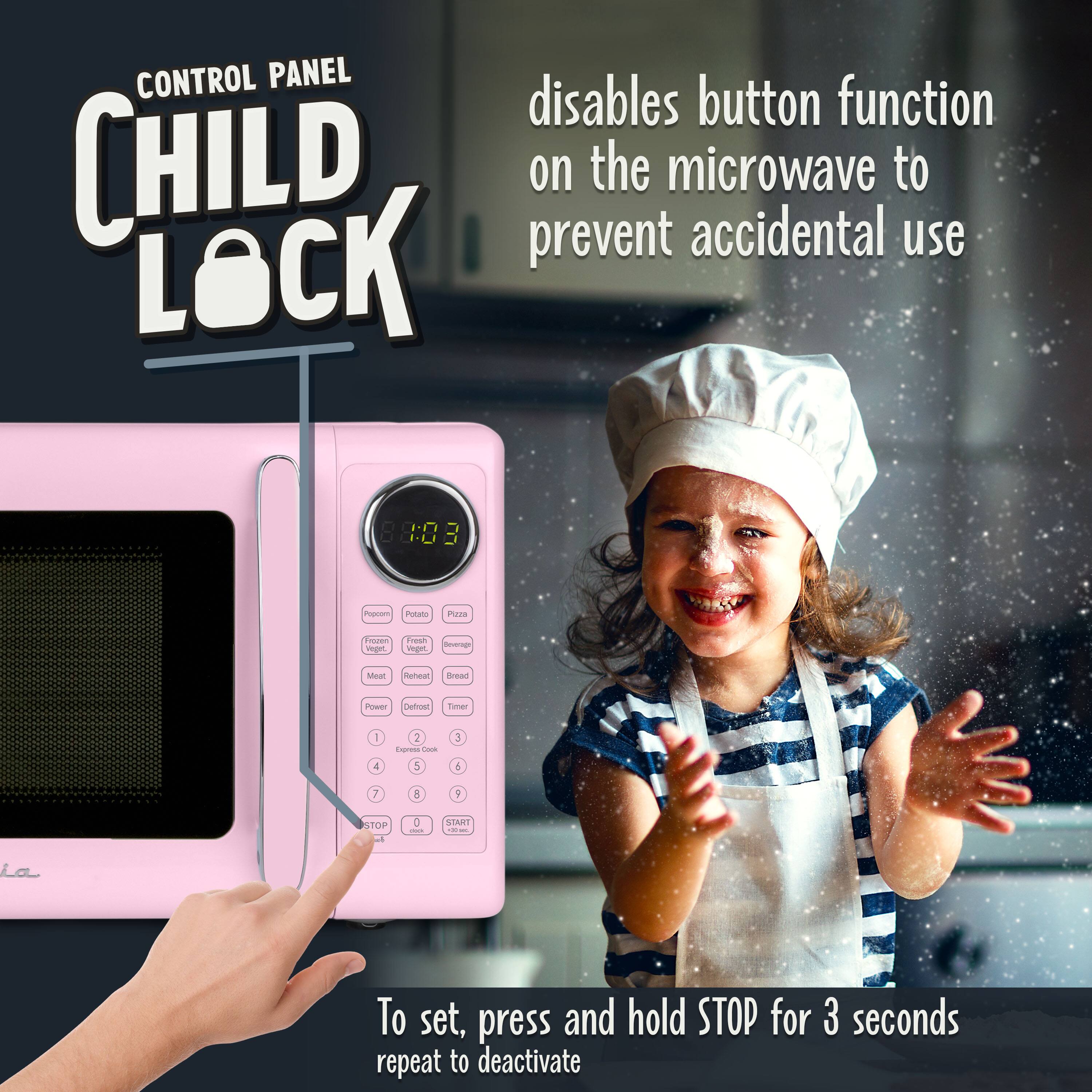 CONTROL PANEL CHILD LOCK disables button function on the microwave to prevent accidental use

To set, press and hold STOP for 3 seconds. Repeat to deactivate.