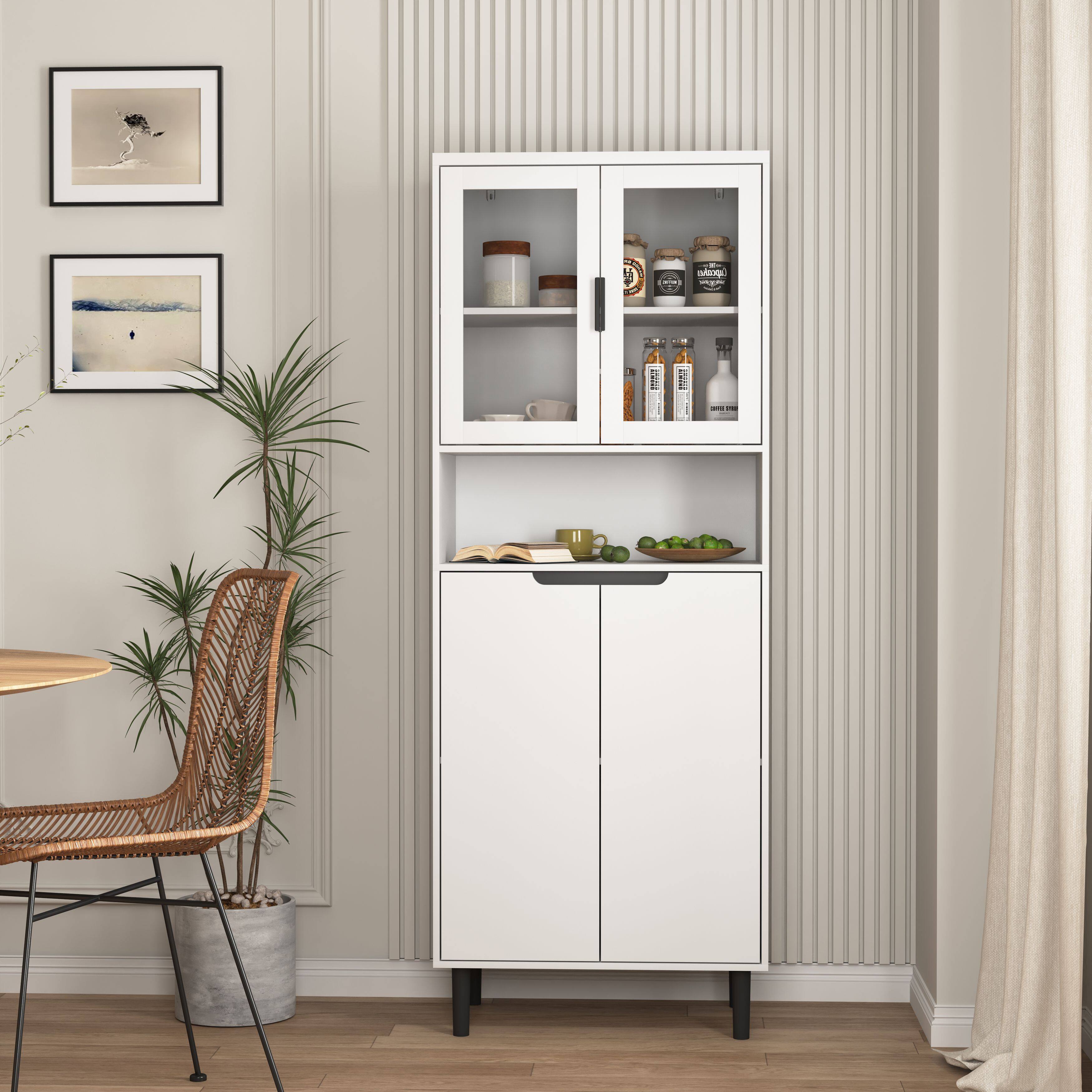 Back. Mirfee - Tall Storage Bookcase with Tempered Glass Doors, Adjustable Shelves, White MDF - White.