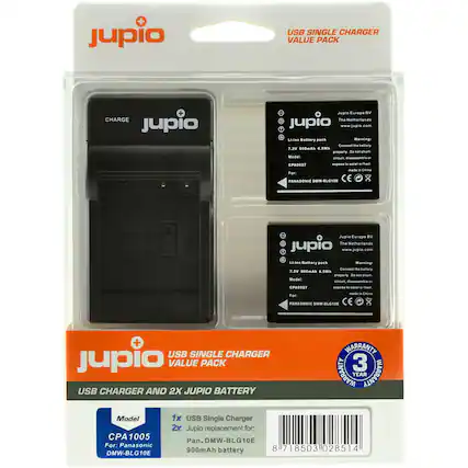 jupio
USB SINGLE CHARGER VALUE PACK
CHARGE jupio
Jupio Europe BY The Netherlands jupio www.jupio.com Li-lon Battery pack Warning: Connect the battery properly. Do not short circuit, disassemble or expose to water or heat. Model: CPA0027 For: PANASONIC DMW-BLG10E
Jupio Europe BY The Netherlands jupio www.jupio.com
Li-lon Battery pack Warning: Connect the battery properly. Do not short circuit, disassemble or expose to water or heat. Model: CPA0027 For: PANASONIC DMW-BLG10E
+ CHARGER WARRANTY USB SINGLE jupio VALUE PACK WARRANTY 3 USB CHARGER AND 2X JUPIO BATTERY YEAR WARRANTY Model USB Single Charger 2x Jupio replacement for: CPA1005 Pan. DMW-BLG10E For: Panasonic 900mAh battery 8 718503 028514 DMW-BLG10E