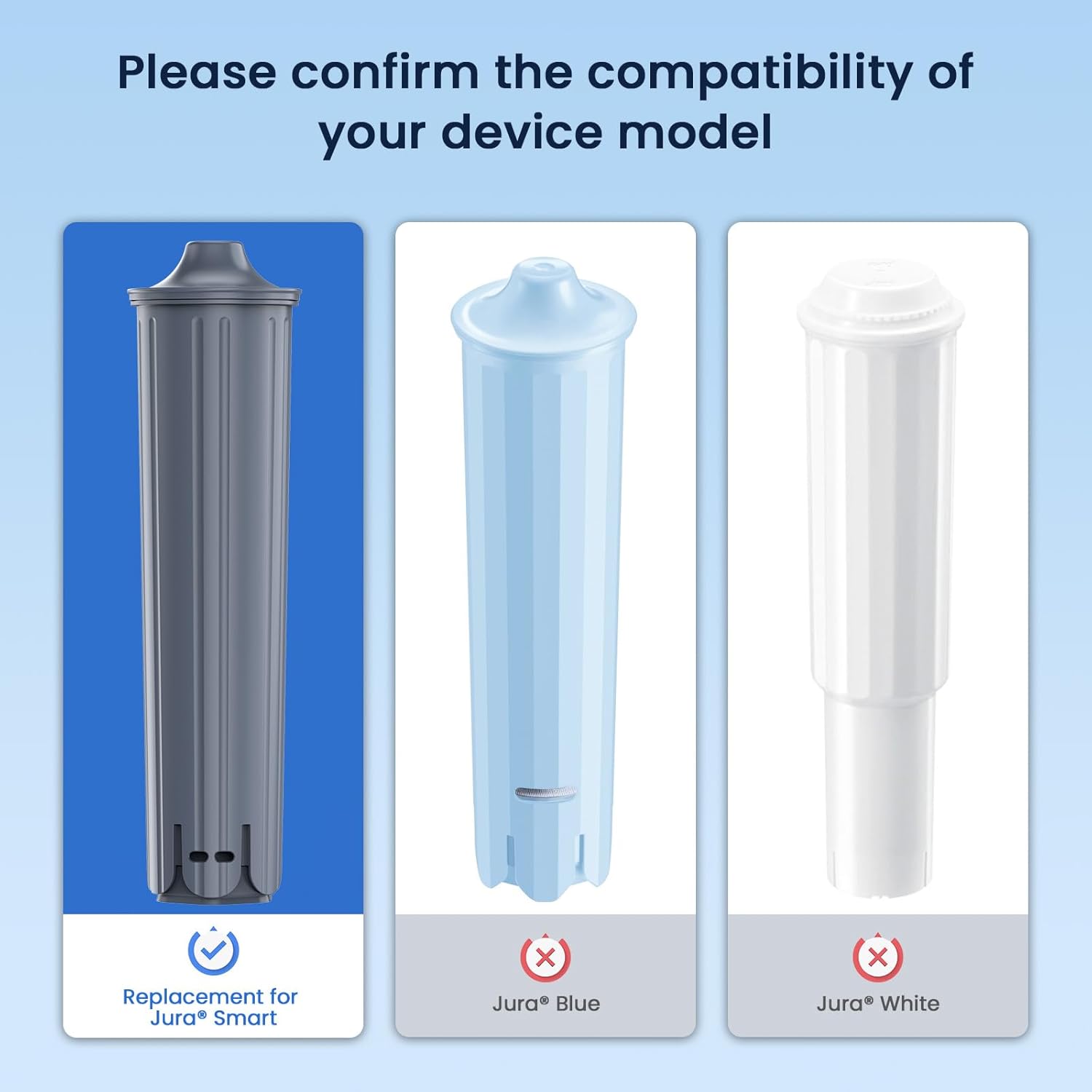 Please confirm the compatibility of your device model

Replacement for Jura® Smart

Jura® Blue

Jura® White