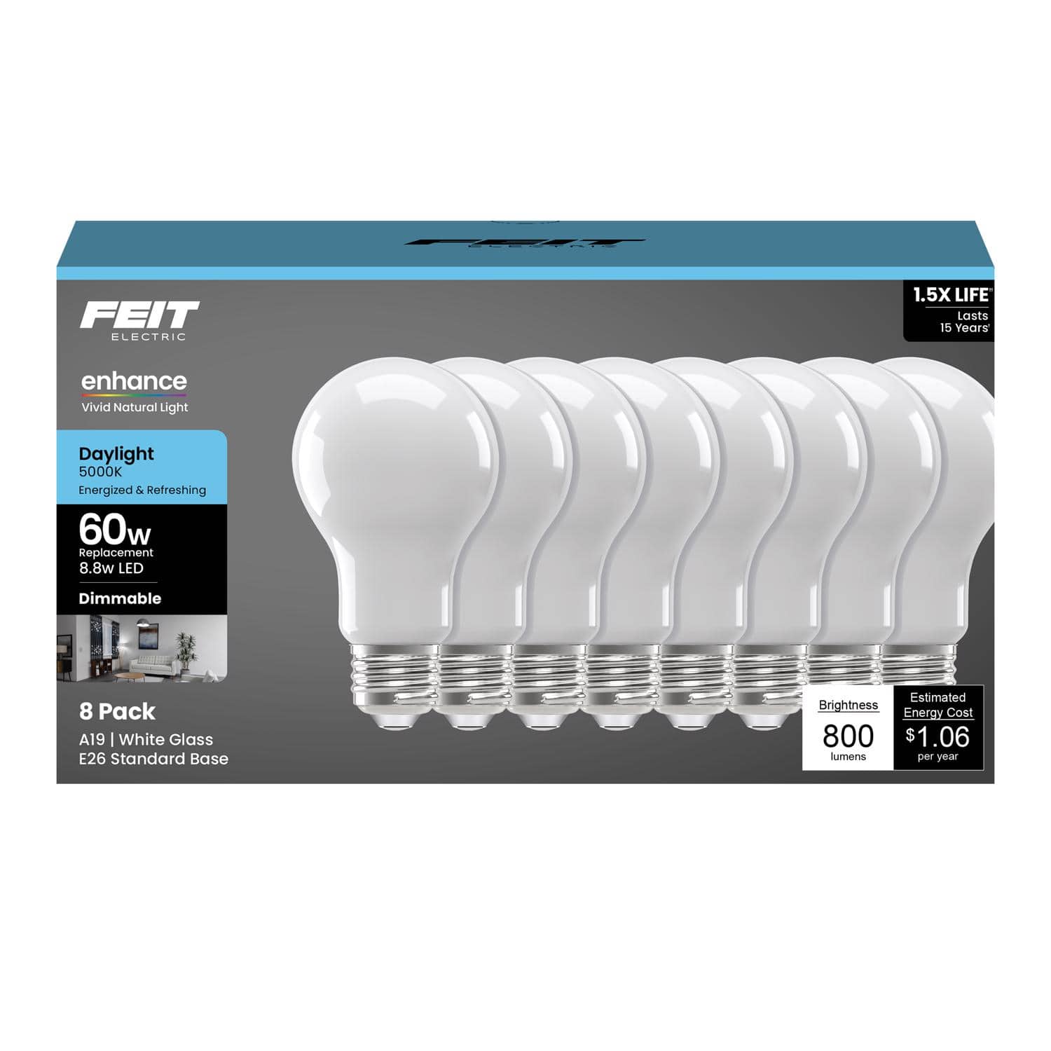 FEIT ELECTRIC - Feit A19 E26 (Medium) LED Bulb Daylight 60 Watt Equivalence 8 pk